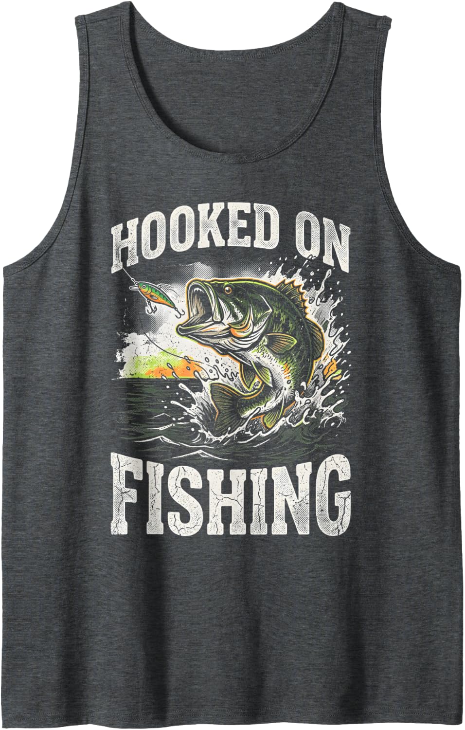 Hooked On Fishing Bass Lure Graphic Sleeveless Tank Top - Dark Heather Grey