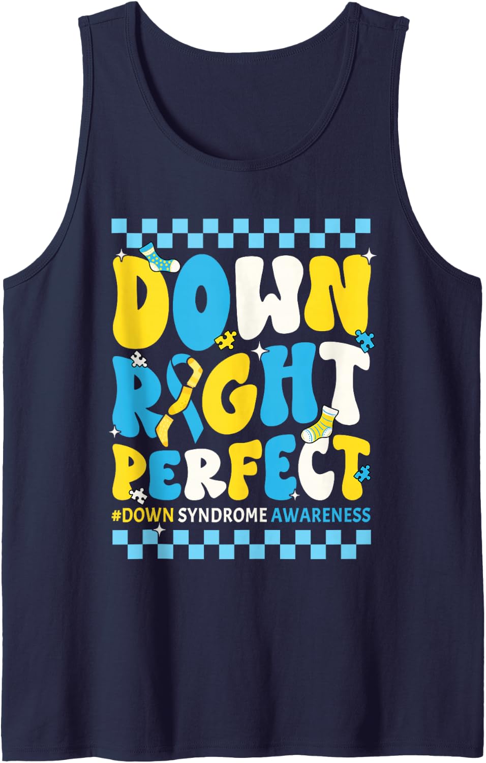 Down Right Perfect Groovy Down Syndrome Awareness Boy Girl Sleeveless Tank Top - Navy Blue