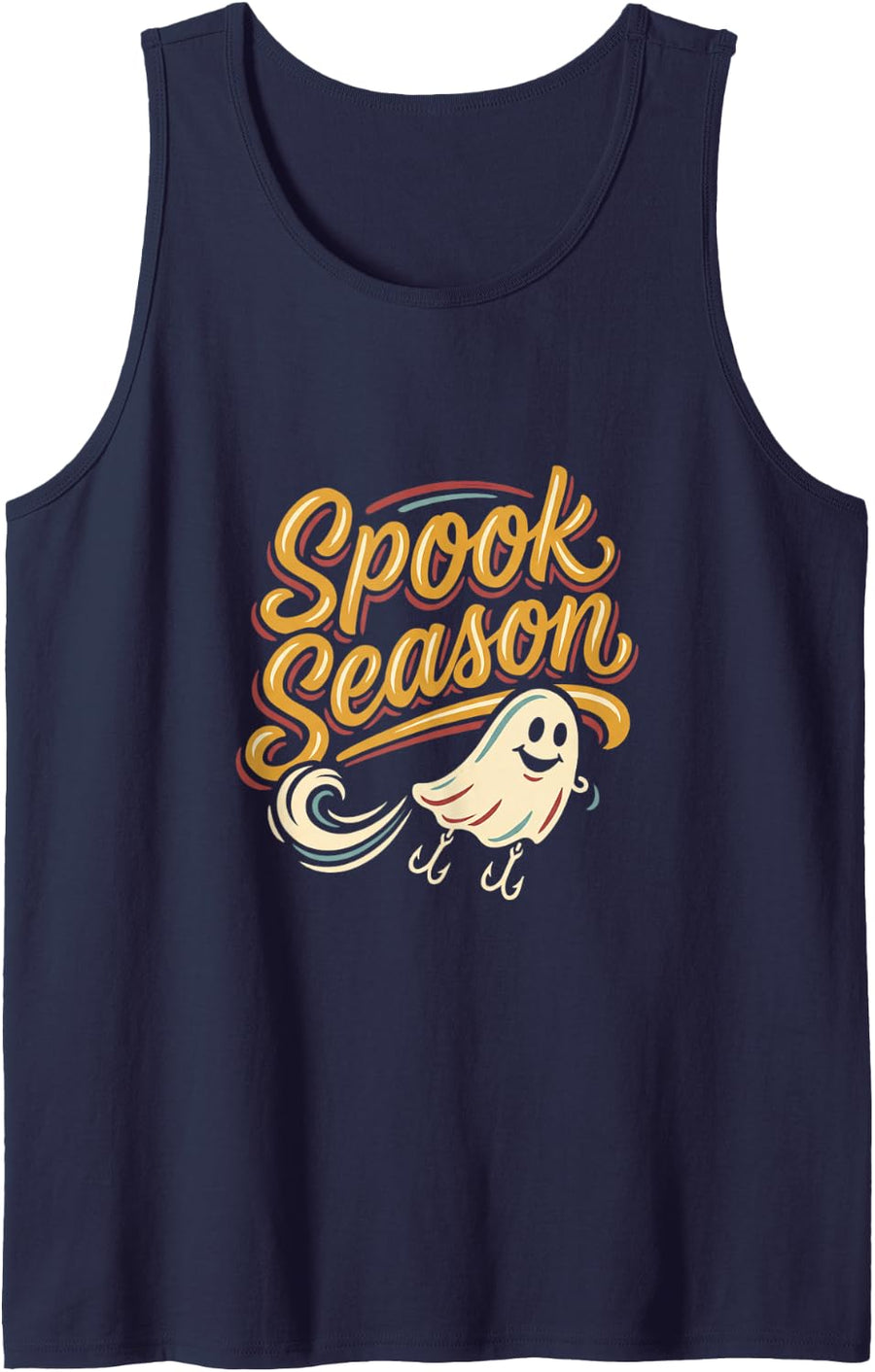 Spook Season Halloween Fishing Ghost Lure Retro Bass Angler Sleeveless Tank Top - Navy Blue