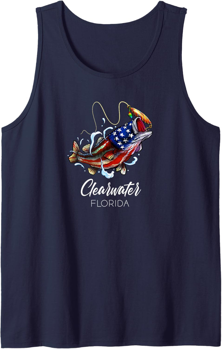 Clearwater Florida American Flag Bass Fish Fishing Sleeveless Tank Top - Navy Blue