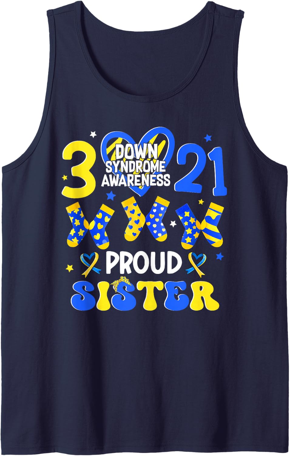Proud Sister Down Syndrome Awareness 321 Heart Girl Women Sleeveless Tank Top - Navy Blue