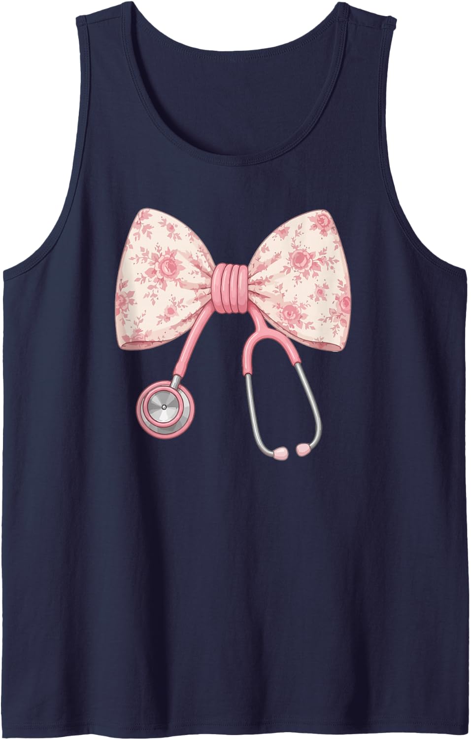 Nurse Bow Stethoscope Coquette Pink Floral Nursing Sleeveless Tank Top - Navy Blue