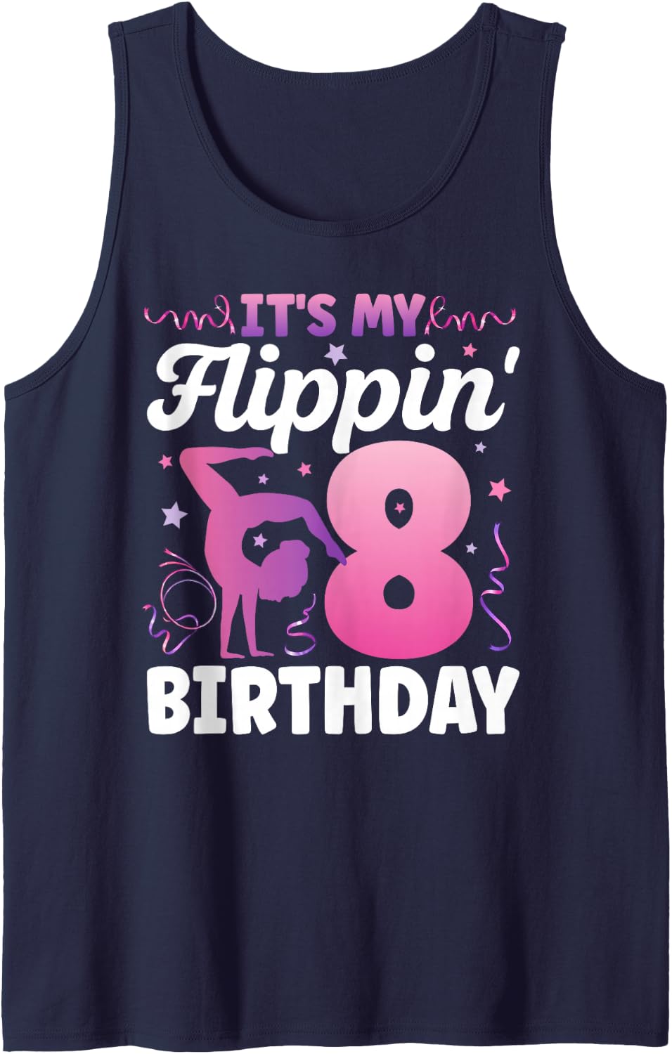 8th Gymnastics Birthday Party Eight Year Old Gymnast Tank Top - Navy Blue
