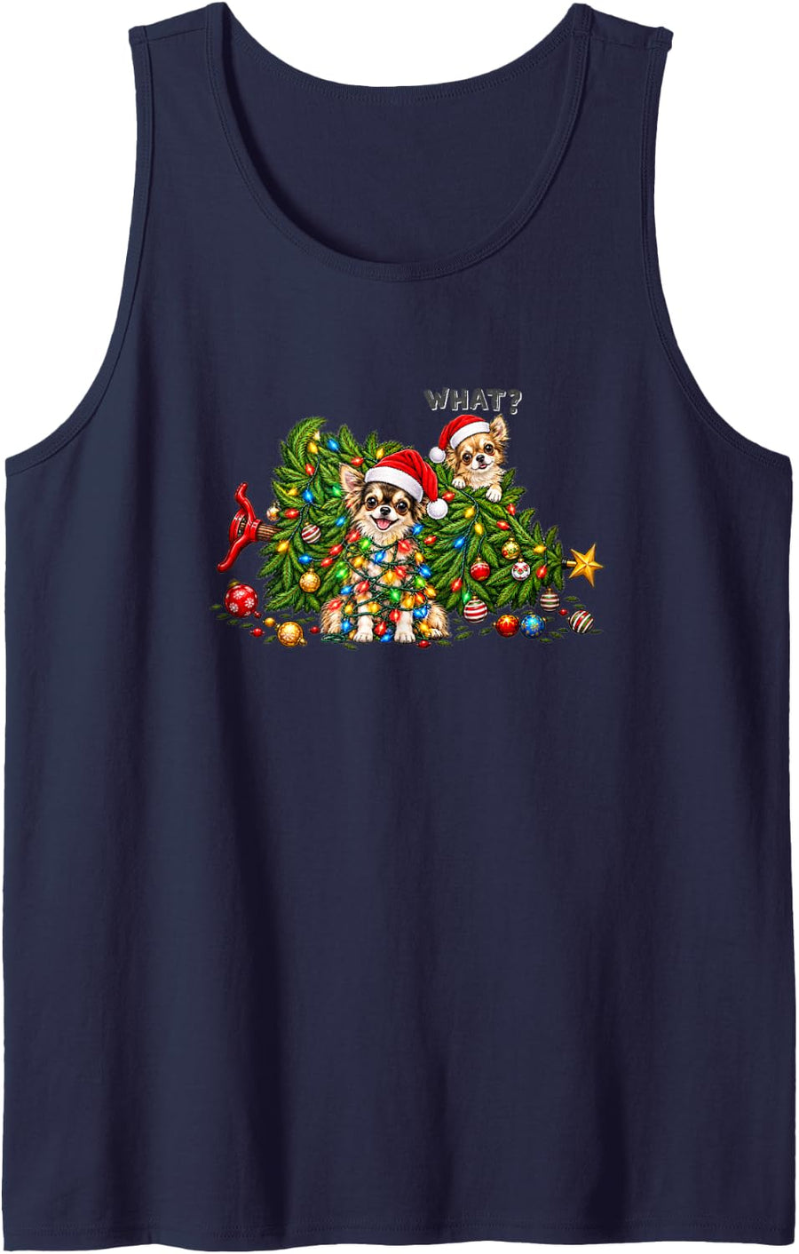 Chihuahua Christmas Tree Lights Santa Hats Funny Holiday Sleeveless Tank Top - Navy Blue