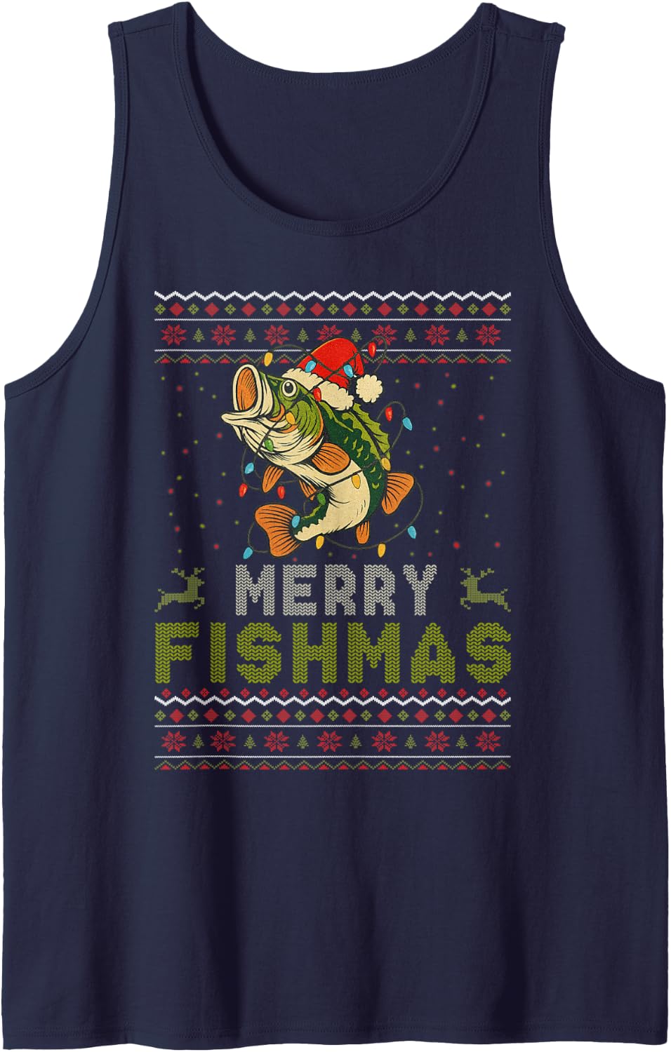 Merry Fishmas Bass Fish Fishing Ugly Christmas Sweater Xmas Sleeveless Tank Top - Navy Blue