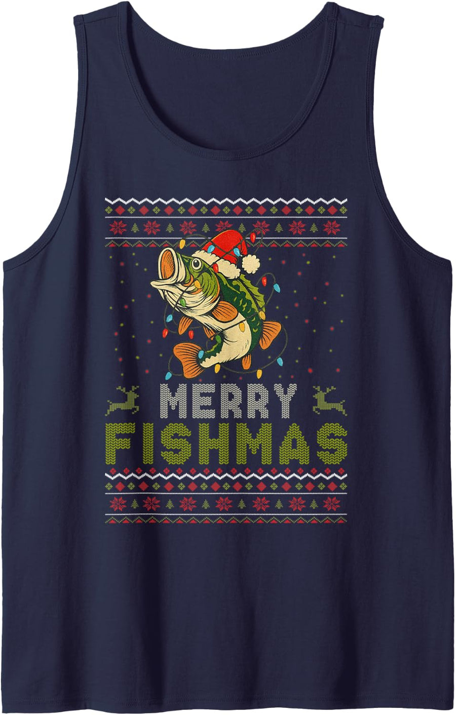 Merry Fishmas Bass Fish Fishing Ugly Christmas Sweater Xmas Sleeveless Tank Top - Navy Blue
