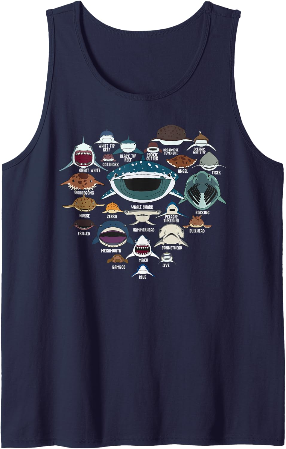 Types Of Shark Identification Shark Faces Tee Marine Biology Tank Top - Navy Blue