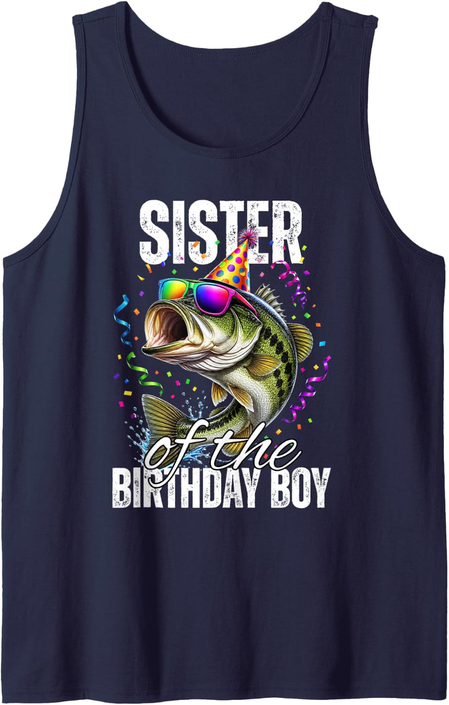 Sister of The Birthday Boy Party Bass Fish Fishing Family Sleeveless Tank Top - Navy Blue