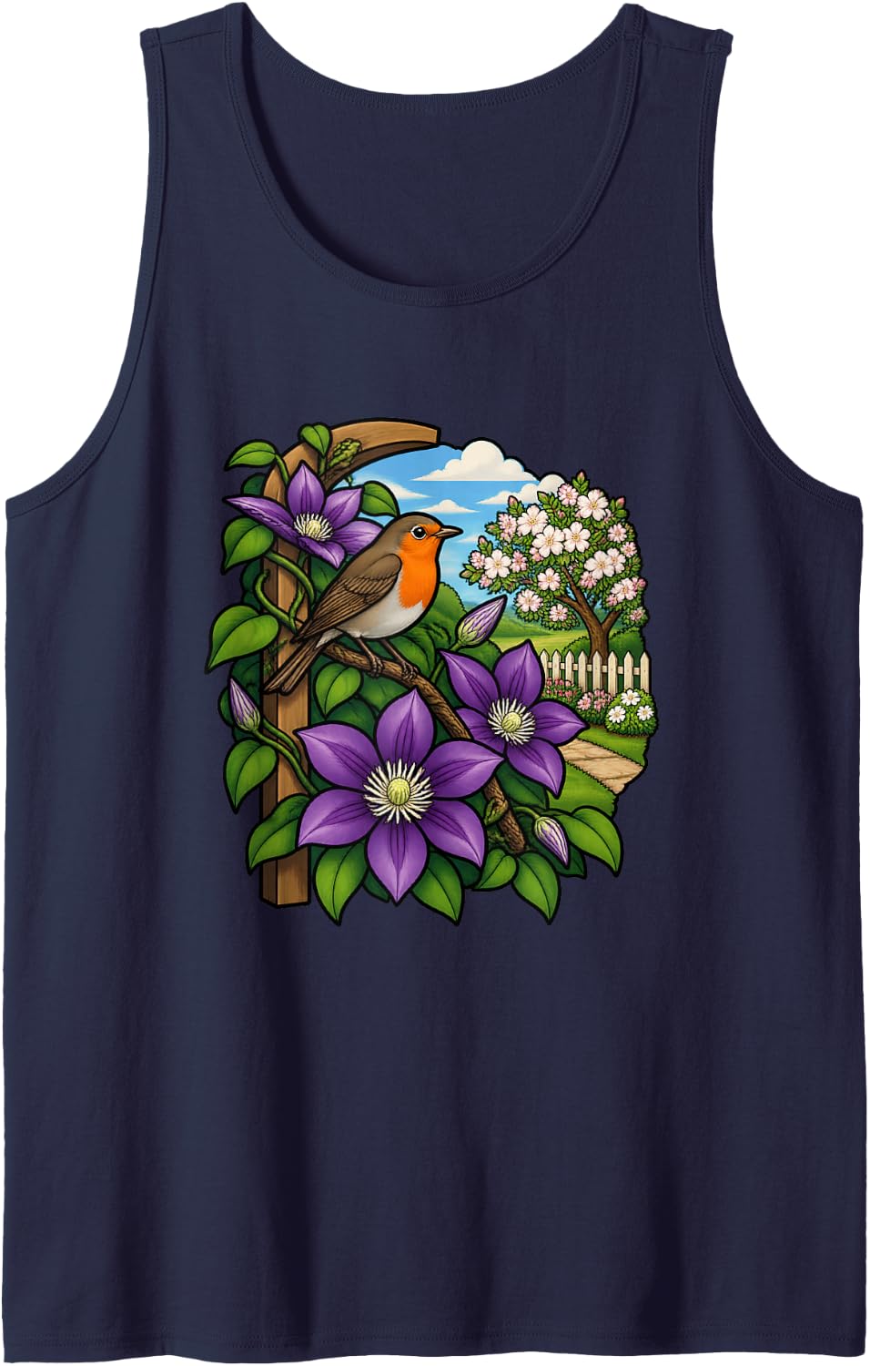 Climbing Clematis Spring Blossoming Trees and Vines Sleeveless Tank Top - Navy Blue