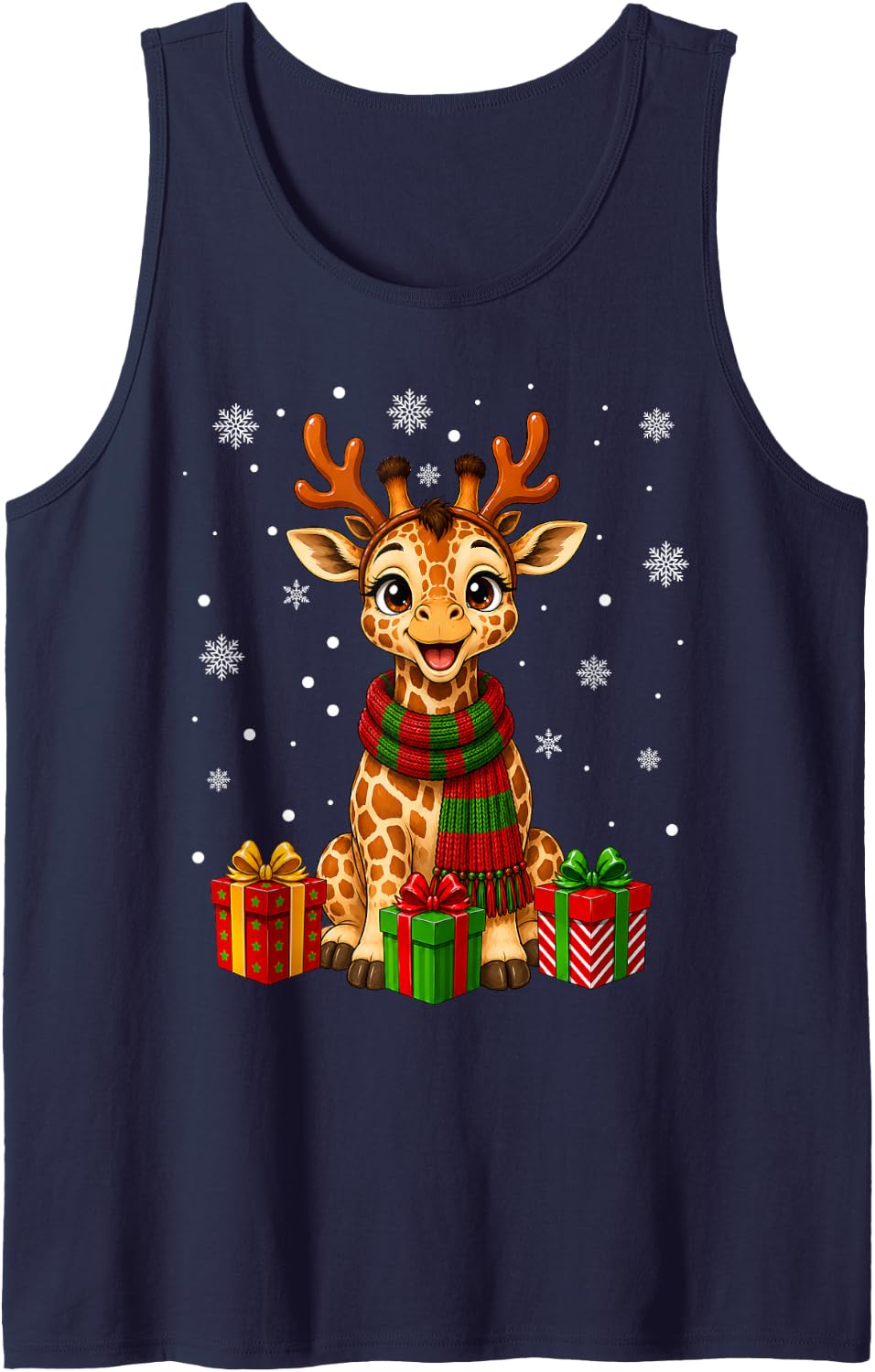Giraffe Christmas Reindeer Horn Scarf Festive Animal Xmas Tank Top - Navy Blue