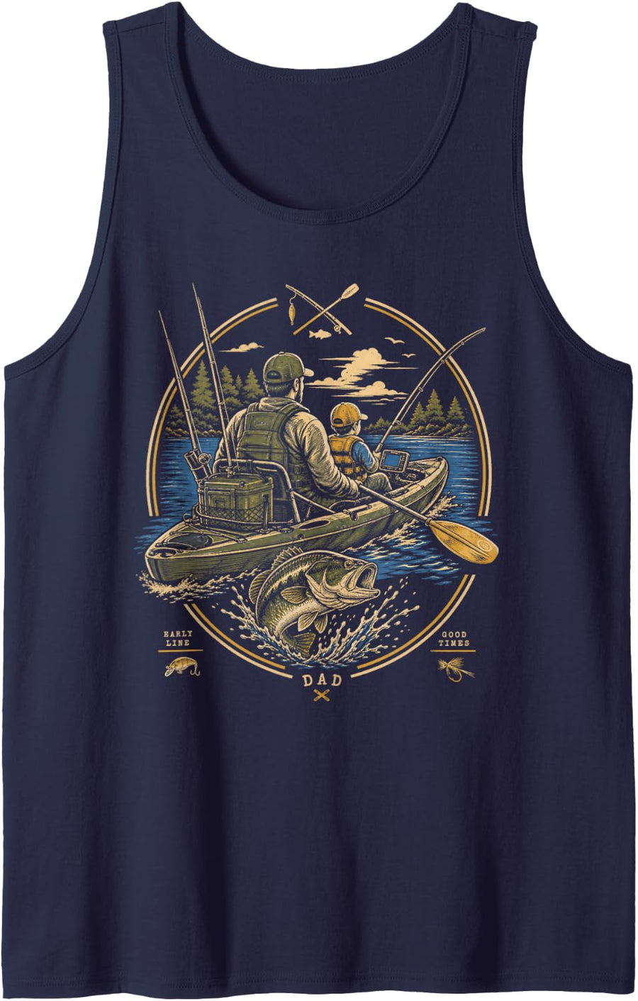 Men's Dad Early Line Good Times Bass Lake Fishing Sleeveless Tank Top - Navy Blue