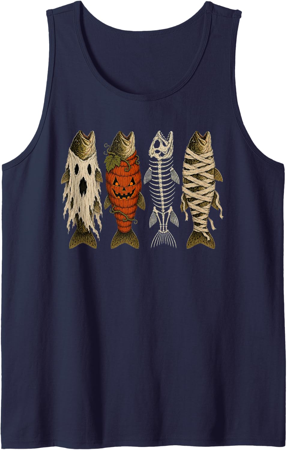 Ghost Pumpkin Skeleton Mummy Bass Funny Halloween Fishing Sleeveless Tank Top - Navy Blue