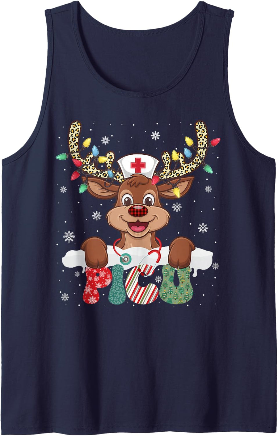 PICU Nurse Reindeer Nurse Hat Christmas Light Women Girl Sleeveless Tank Top - Navy Blue