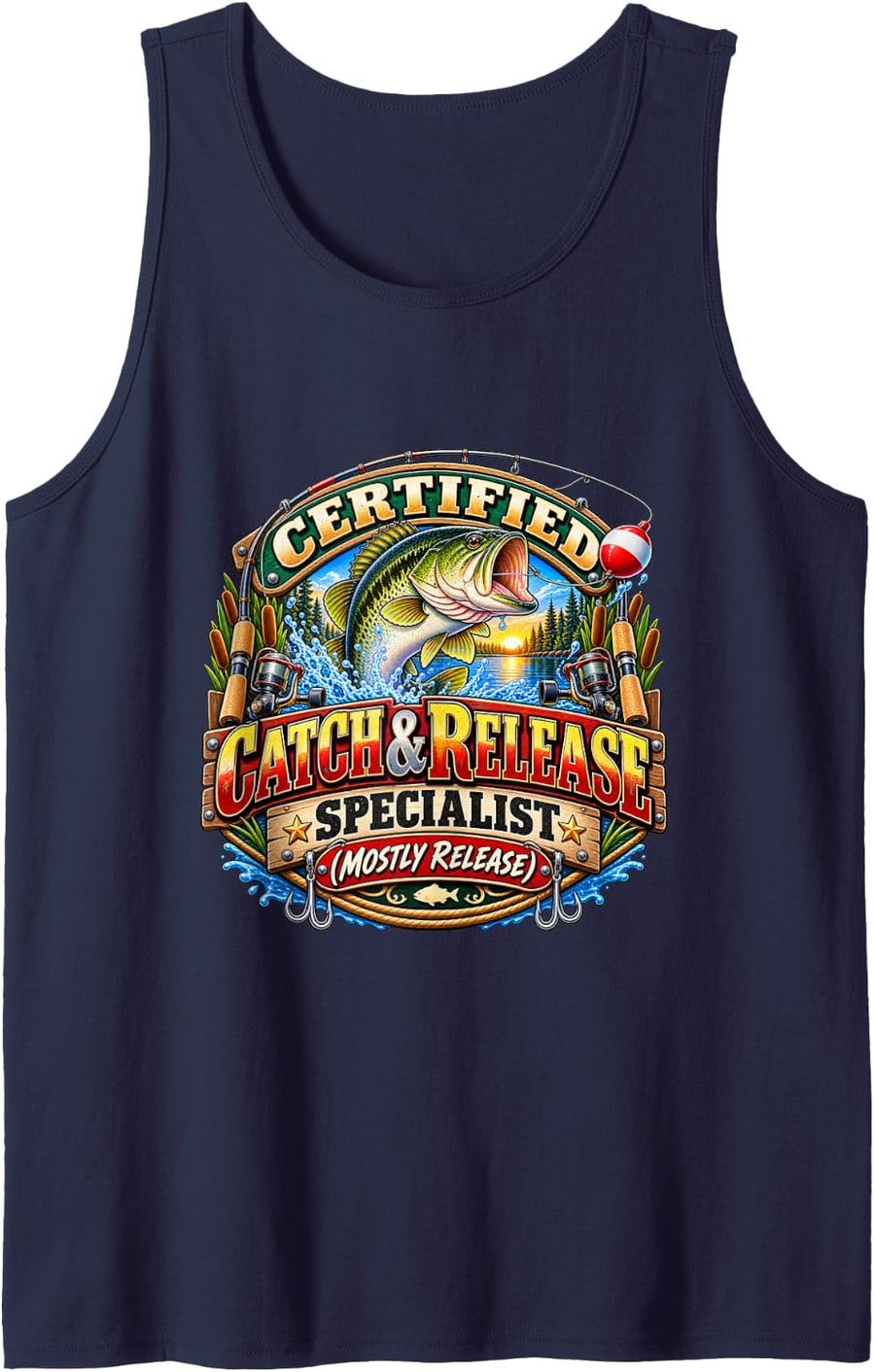 Catch Release Specialist Funny Bass Fishing Angler Sleeveless Tank Top - Navy Blue
