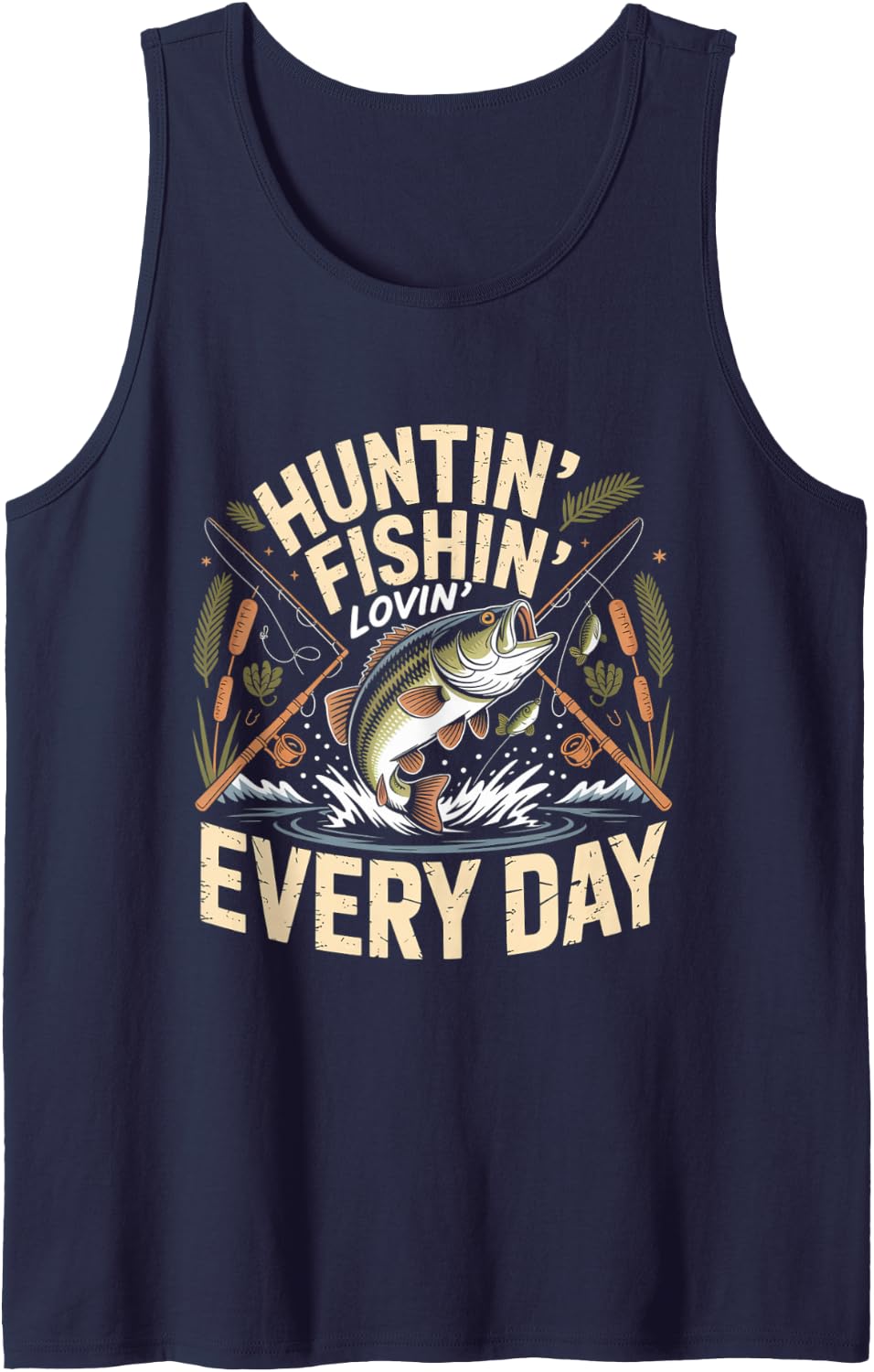 Huntin Fishin Lovin Every Day Bass Fishing Sleeveless Tank Top - Navy Blue