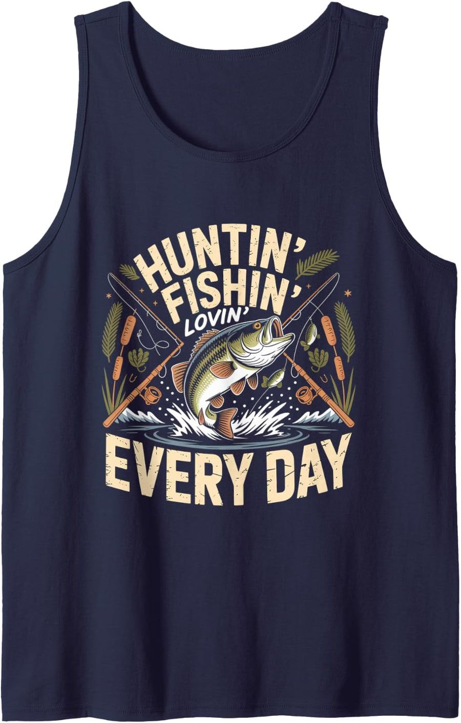Huntin Fishin Lovin Every Day Bass Fishing Sleeveless Tank Top - Navy Blue