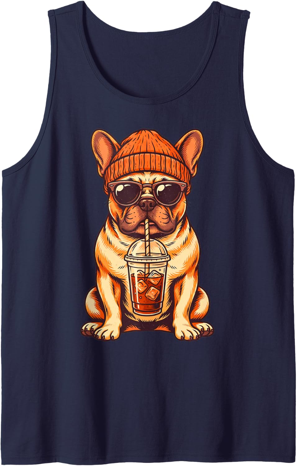 French Bulldog Hipster Dog Drinking Iced Coffee Sunglasses Tank Top - Navy Blue