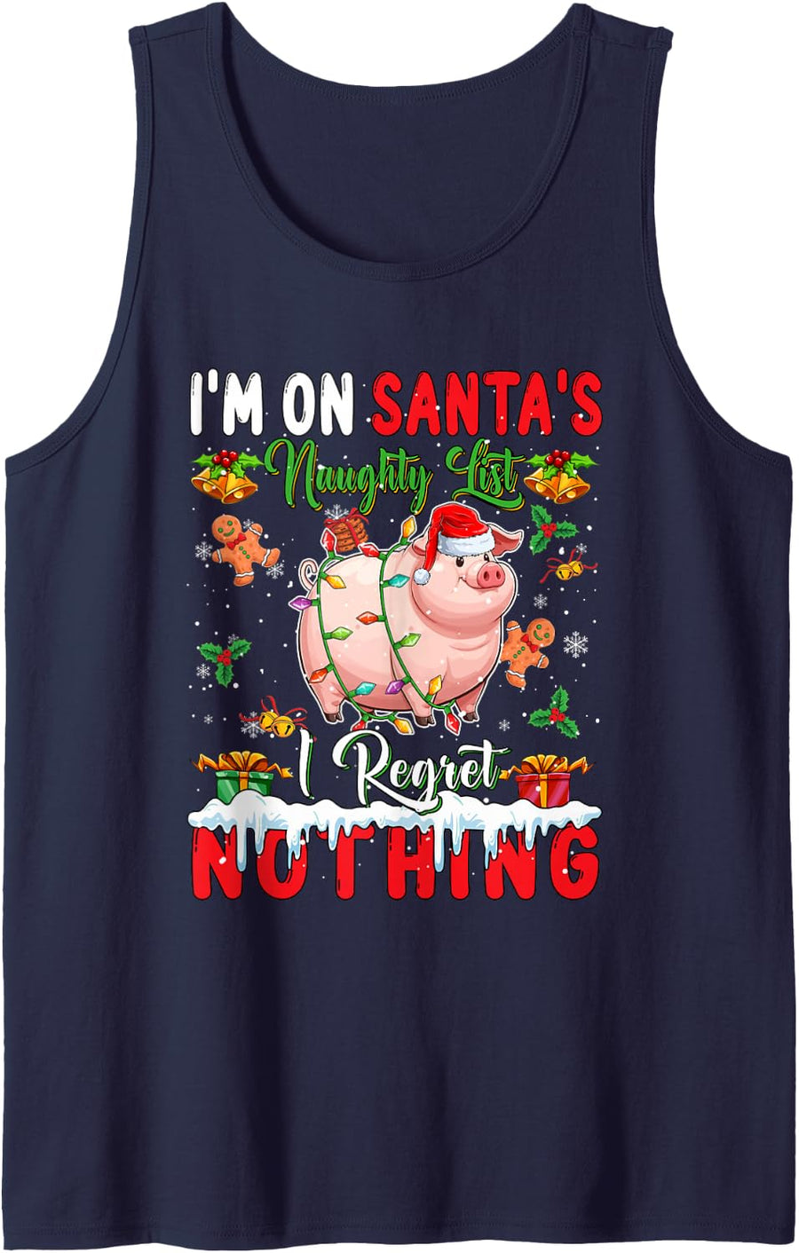 On Santa's Xmas Naughty List Regret Nothing Santa Pig Sleeveless Tank Top - Navy Blue