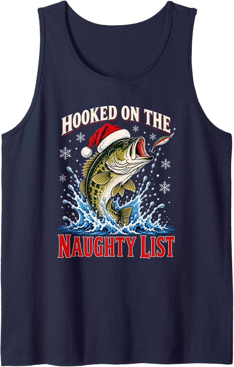 Bass Fishing Christmas Hooked on Naughty List Fishermen Sleeveless Tank Top - Navy Blue