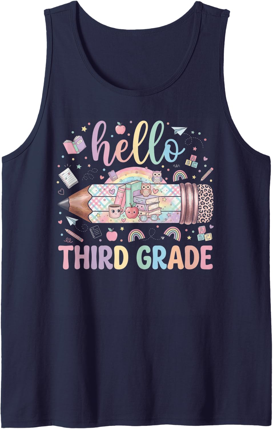 Hello Third Grade Leopard Back to School for Kids Teachers Tank Top - Navy Blue