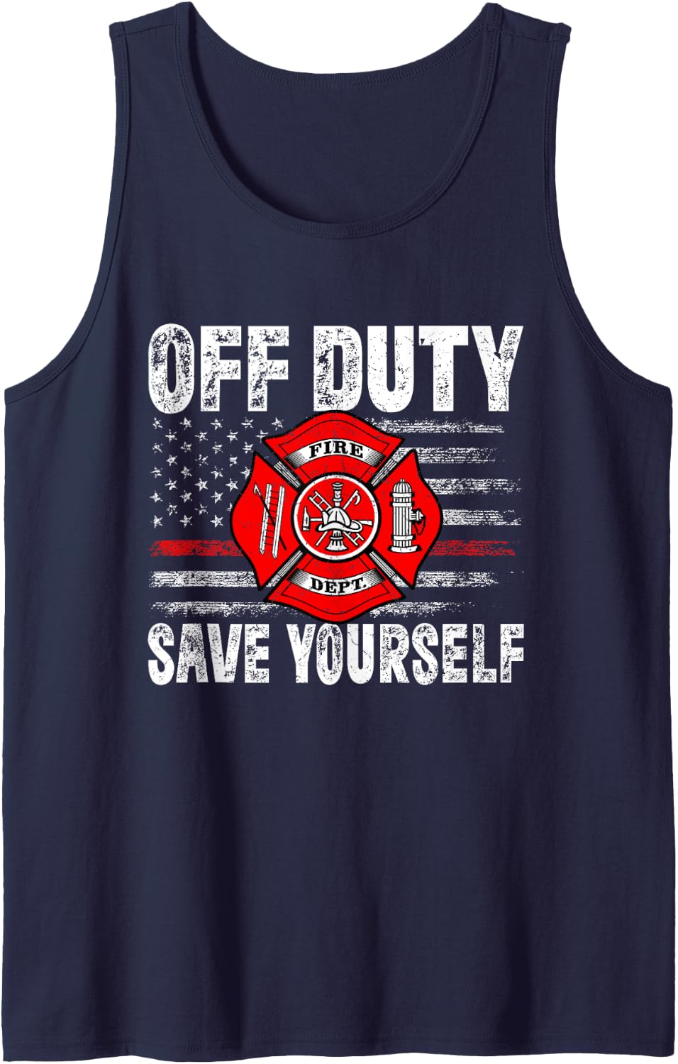 Off-Duty Save Yourself Firefighter Funny Retro American Flag Tank Top - Navy Blue