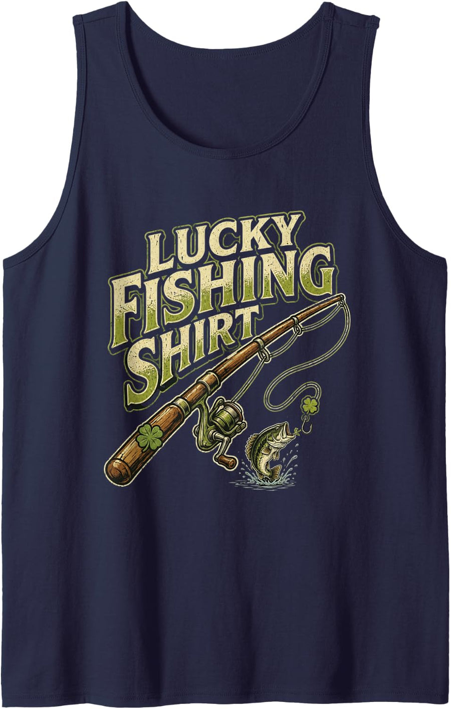 Lucky Fishing Shirt Retro Bass Fisherman Sleeveless Tank Top - Navy Blue