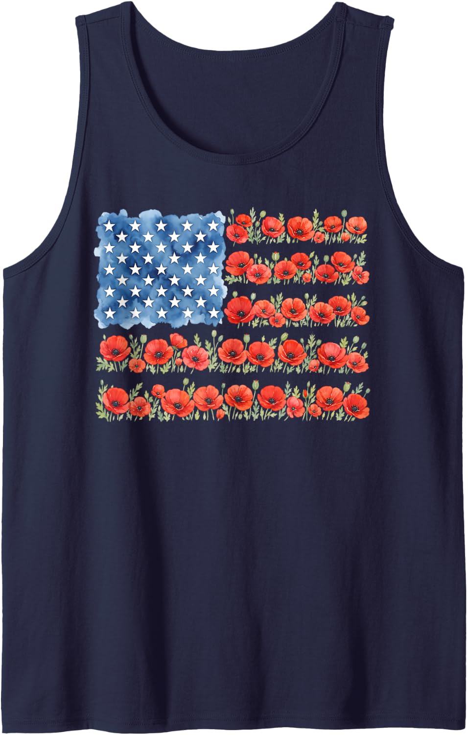 Red Poppy Flower American Flag Memorial Day Poppies Tank Top - Navy Blue