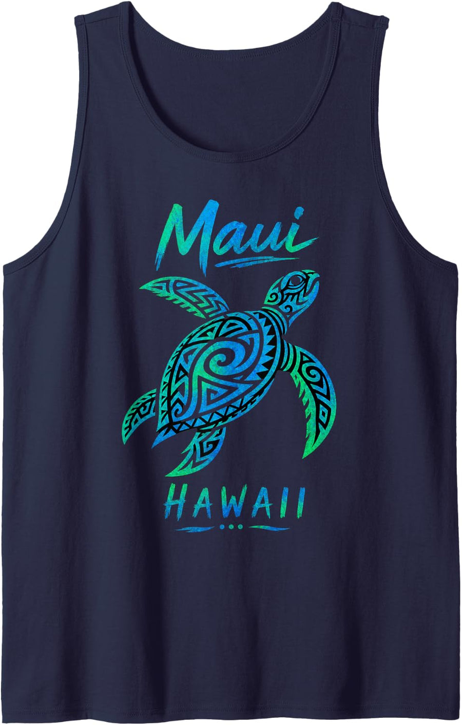 Maui Sea Turtle Tribal Art with Blue-Green Typography Sleeveless Tank Top - Navy Blue