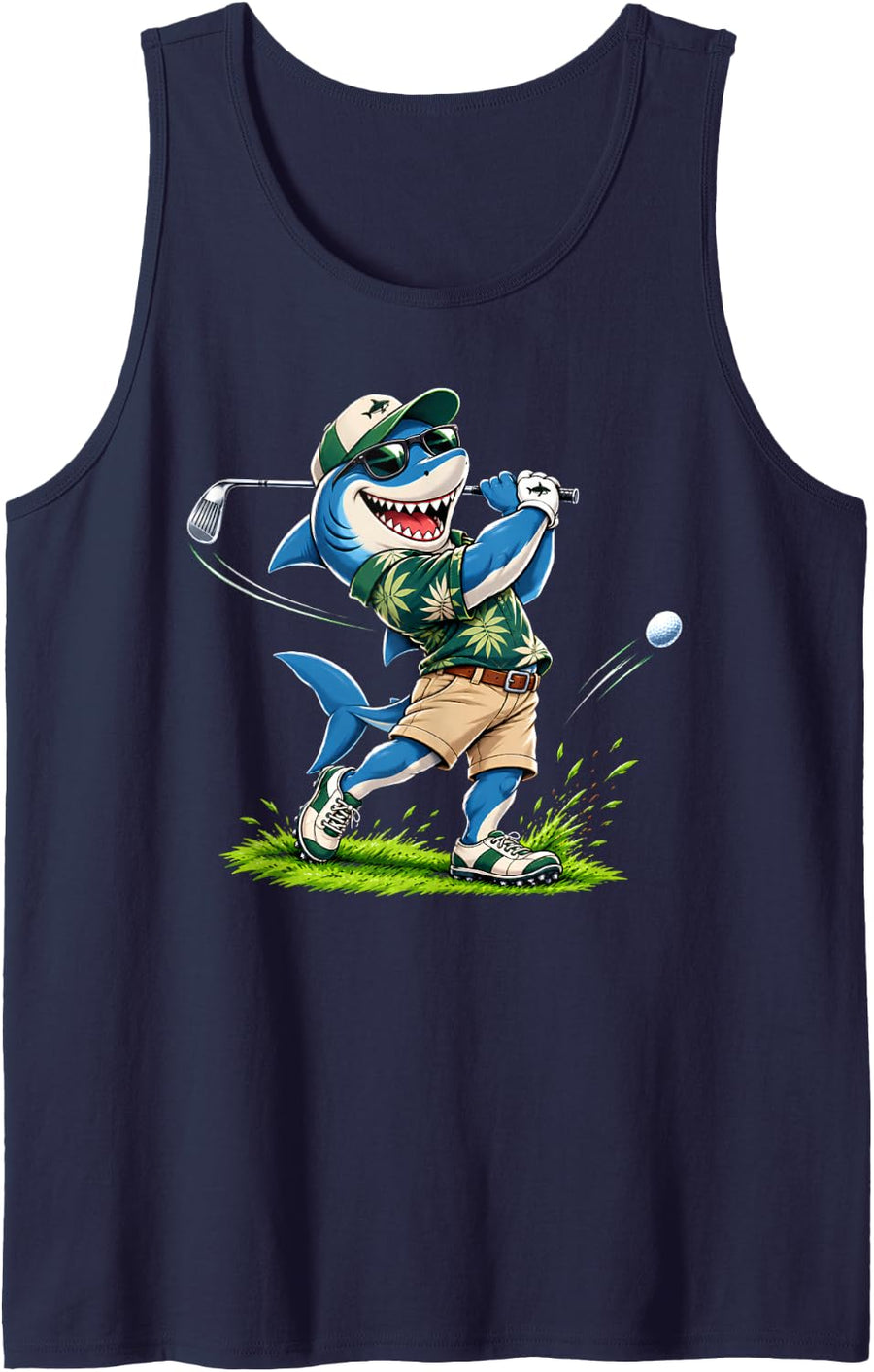 Shark Golf Player with Sunglasses Funny Shark Golfing Animal Sleeveless Tank Top - Navy Blue