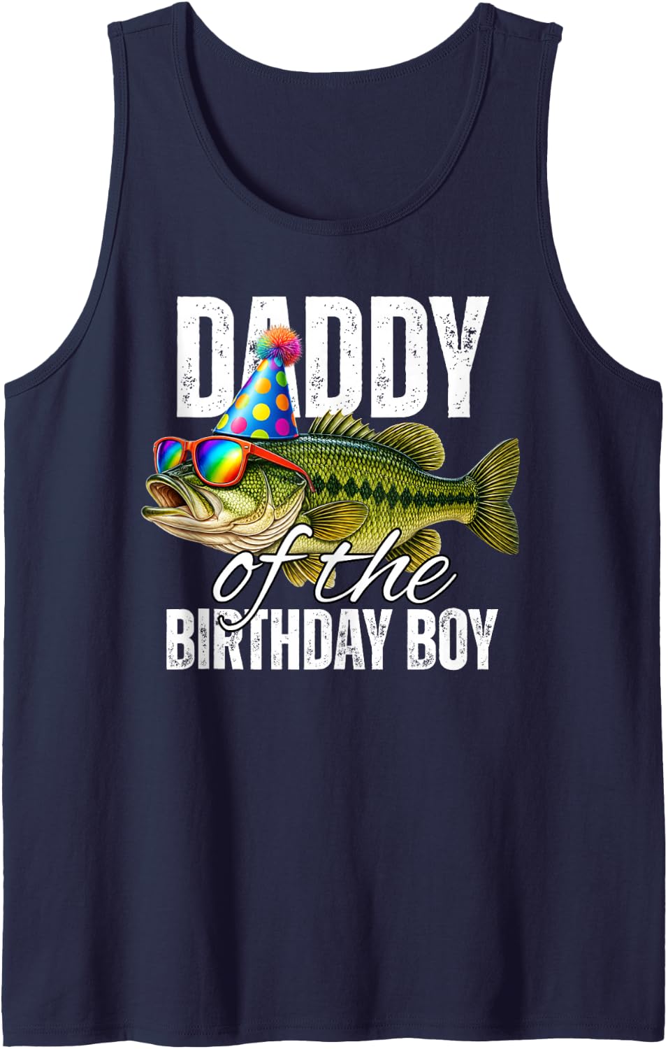 Daddy of The Birthday Boy Party Bass Fish Fishing Family Sleeveless Tank Top - Navy Blue