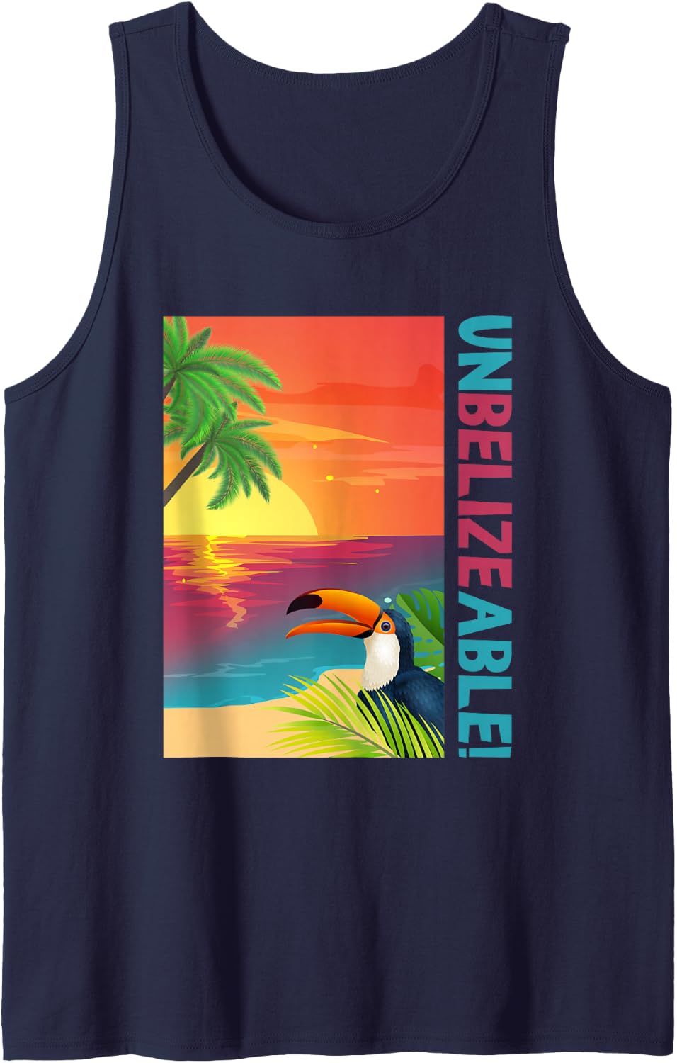 UnBELIZEable! Funny Belize Vacation Souvenir Sunset Toucan Tank Top - Navy Blue