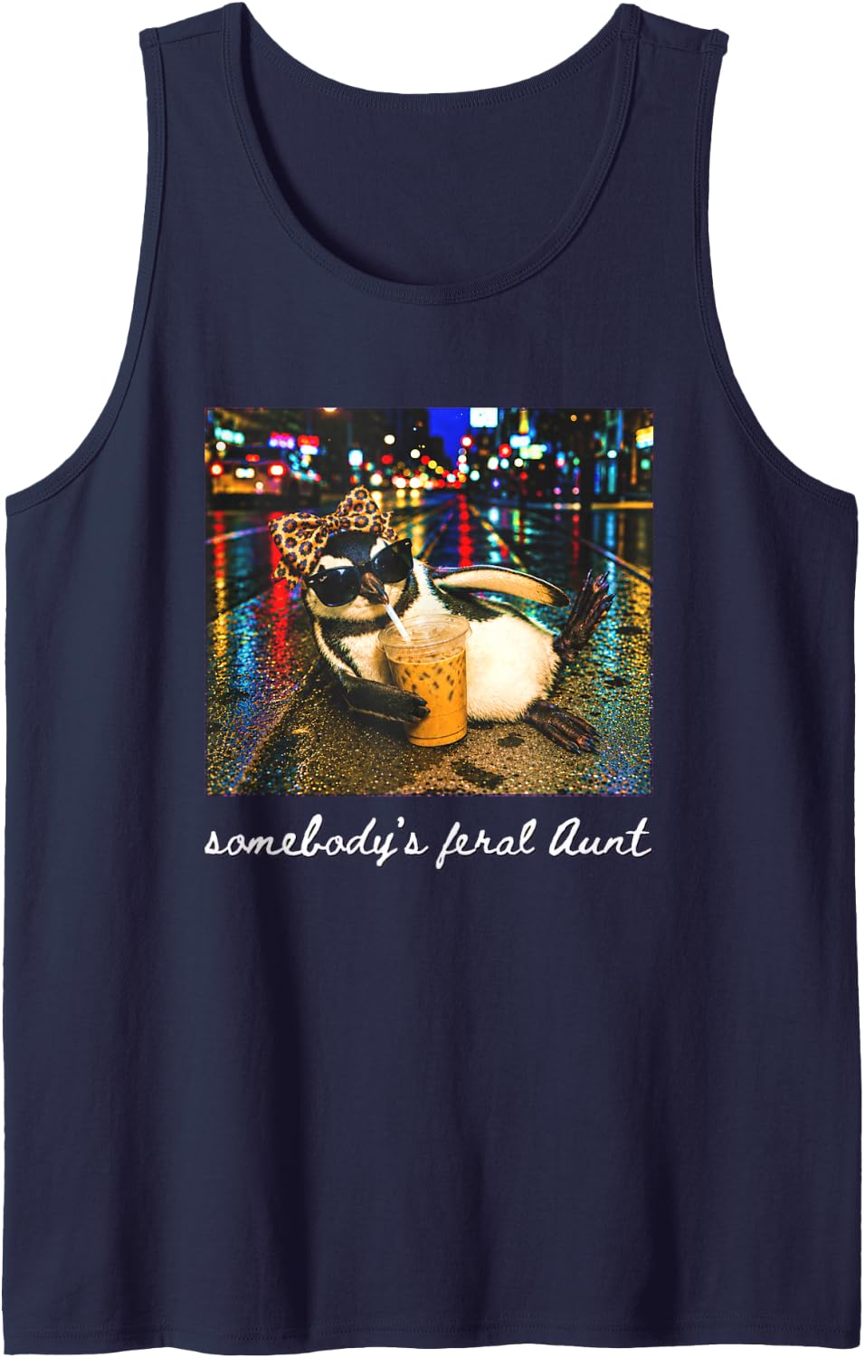 Funny Penguin Somebody's Feral Aunt Iced Coffee Tank Top - Navy Blue