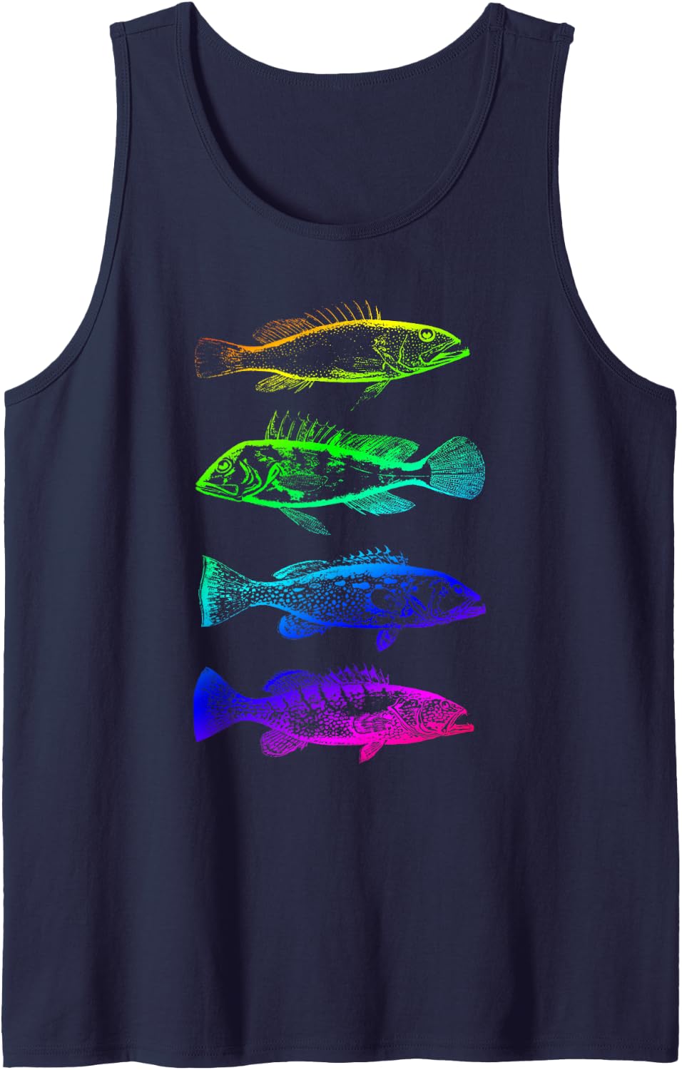 I Love Fishing Marine Sea Bass Rainbow Darwin Illustration Sleeveless Tank Top - Navy Blue