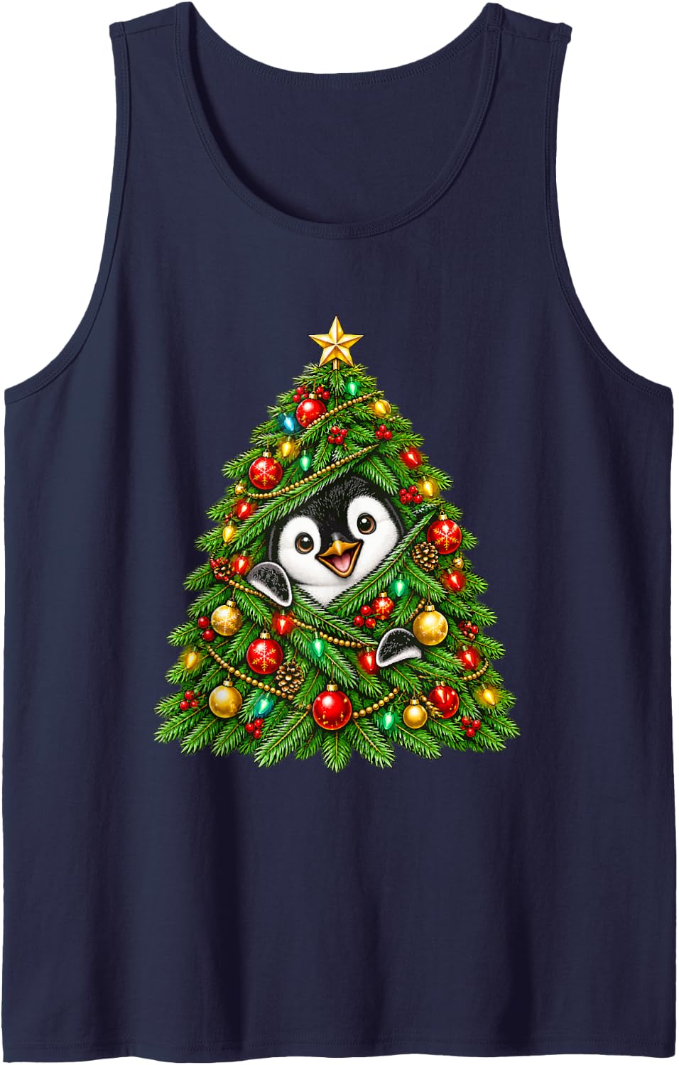 Cute Penguin Peeking with Christmas Tree Festive Lights Xmas Sleeveless Tank Top - Navy Blue