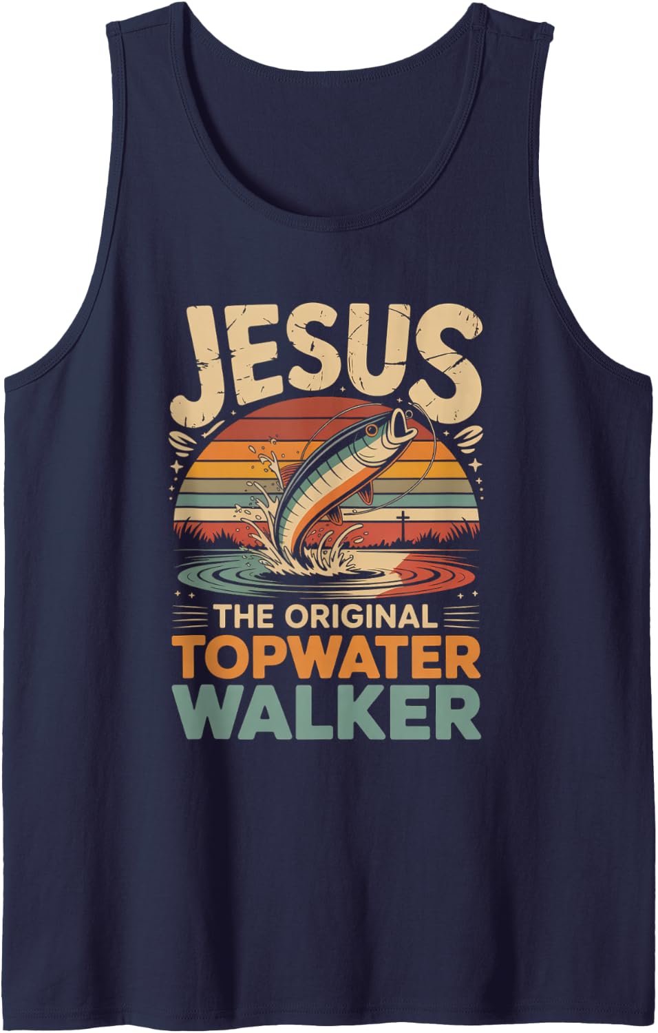 The Original Topwater Walker Jesus Bass Fishing Sleeveless Tank Top - Navy Blue
