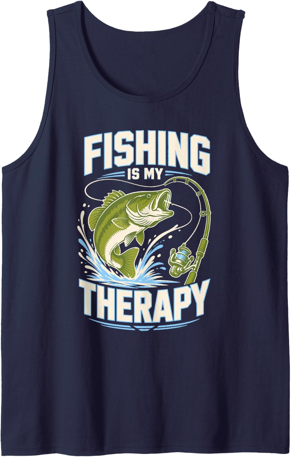 Fishing is My Therapy Bass Fisherman Angler Sleeveless Tank Top - Navy Blue