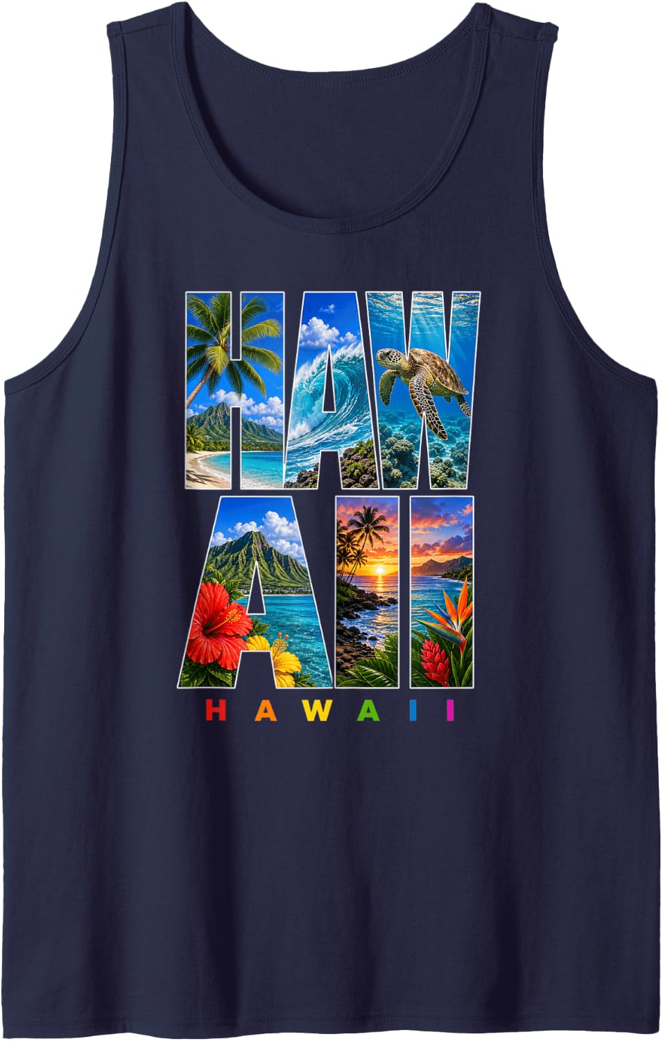 Hawaii Tropical Sea Turtle Beach Vacation Sleeveless Tank Top - Navy Blue