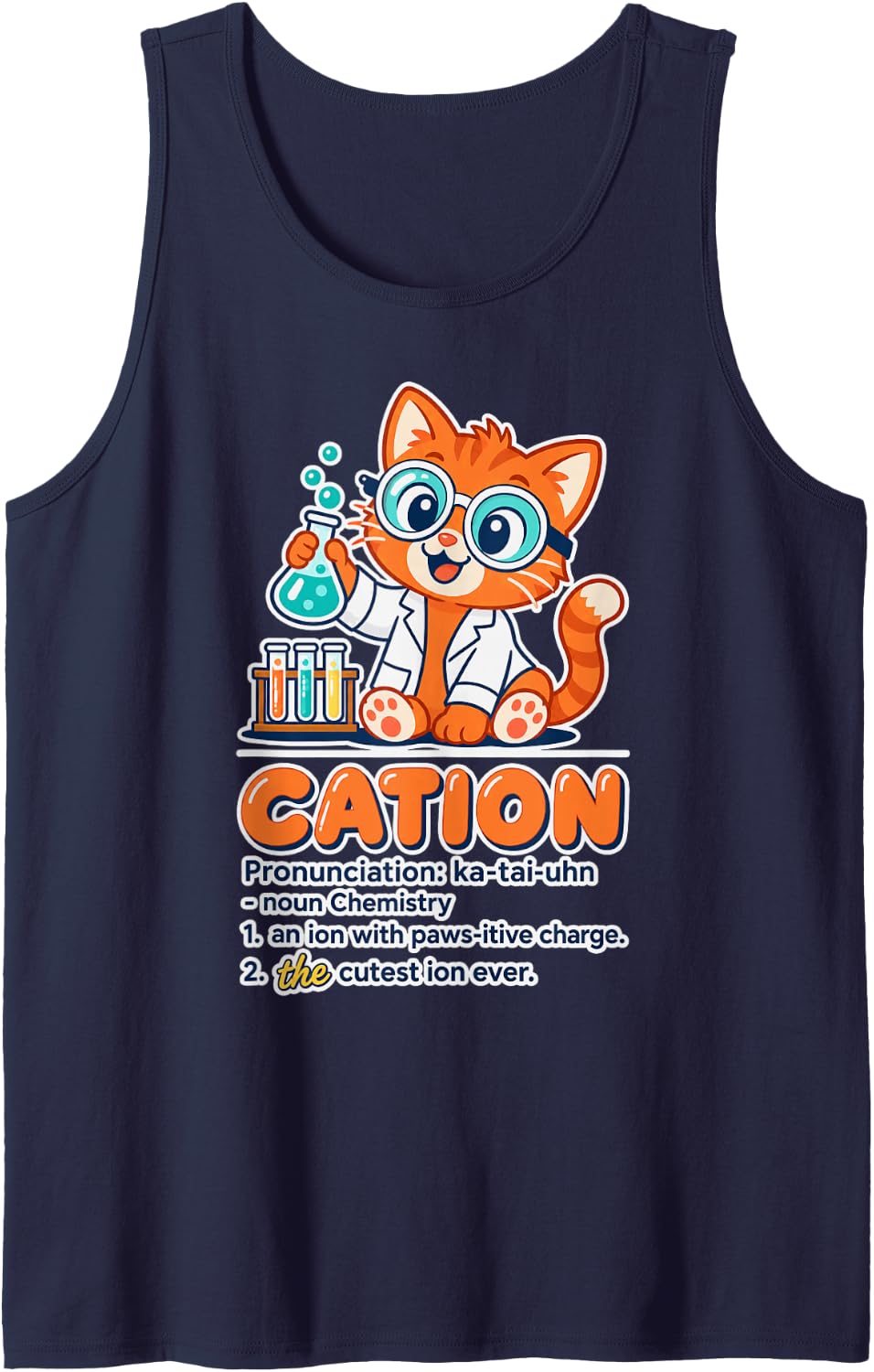 Cation Cat Funny Chemistry Teacher Student Science Pun Sleeveless Tank Top - Navy Blue
