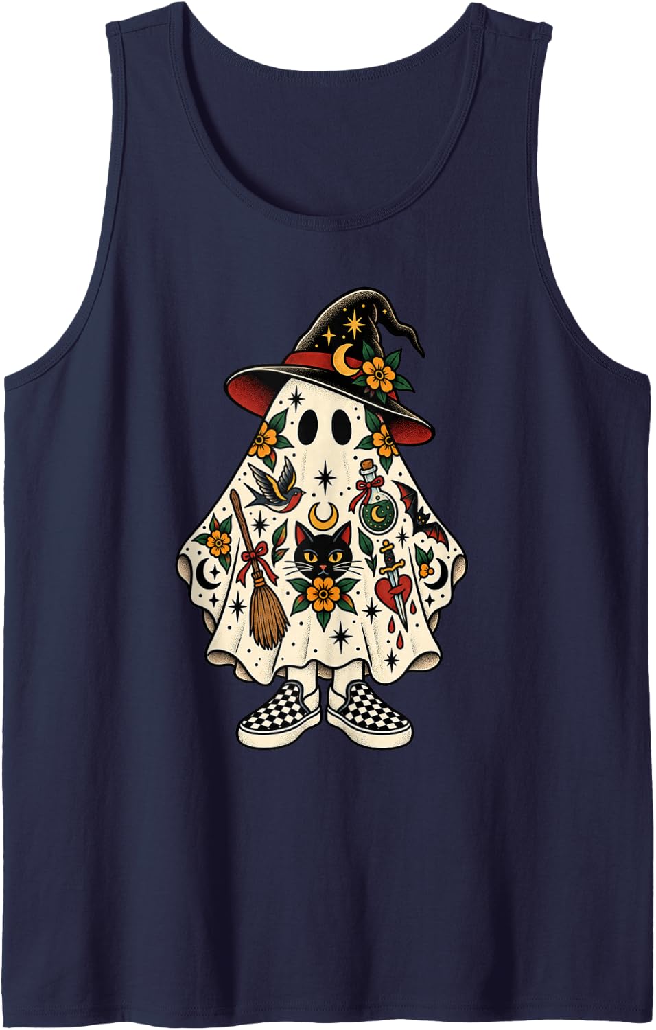 Witch Ghost Emo Gothic Tattoo Lovers Skater Halloween Lover Sleeveless Tank Top - Navy Blue