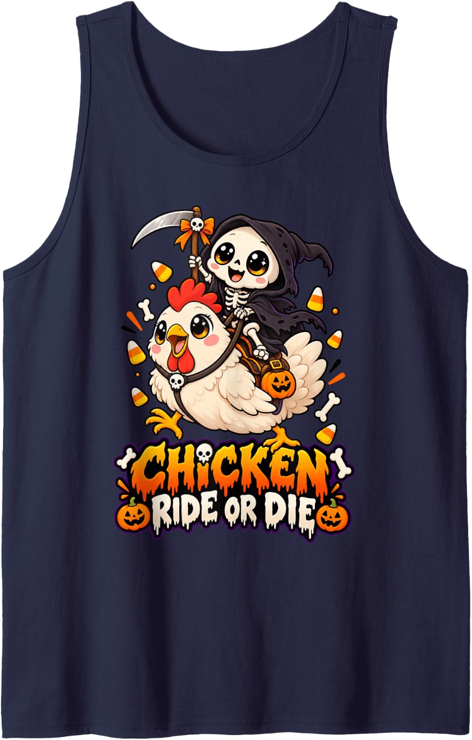 Chicken Ride Or Die Funny Halloween Skeleton Riding Chicken Sleeveless Tank Top - Navy Blue