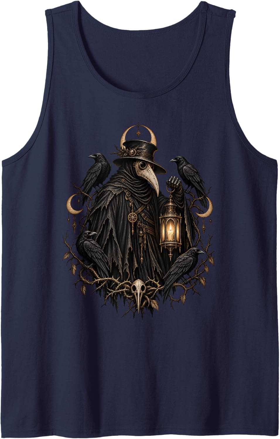 Gothic Plague Doctor Raven Lantern Halloween Horror Sleeveless Tank Top - Navy Blue
