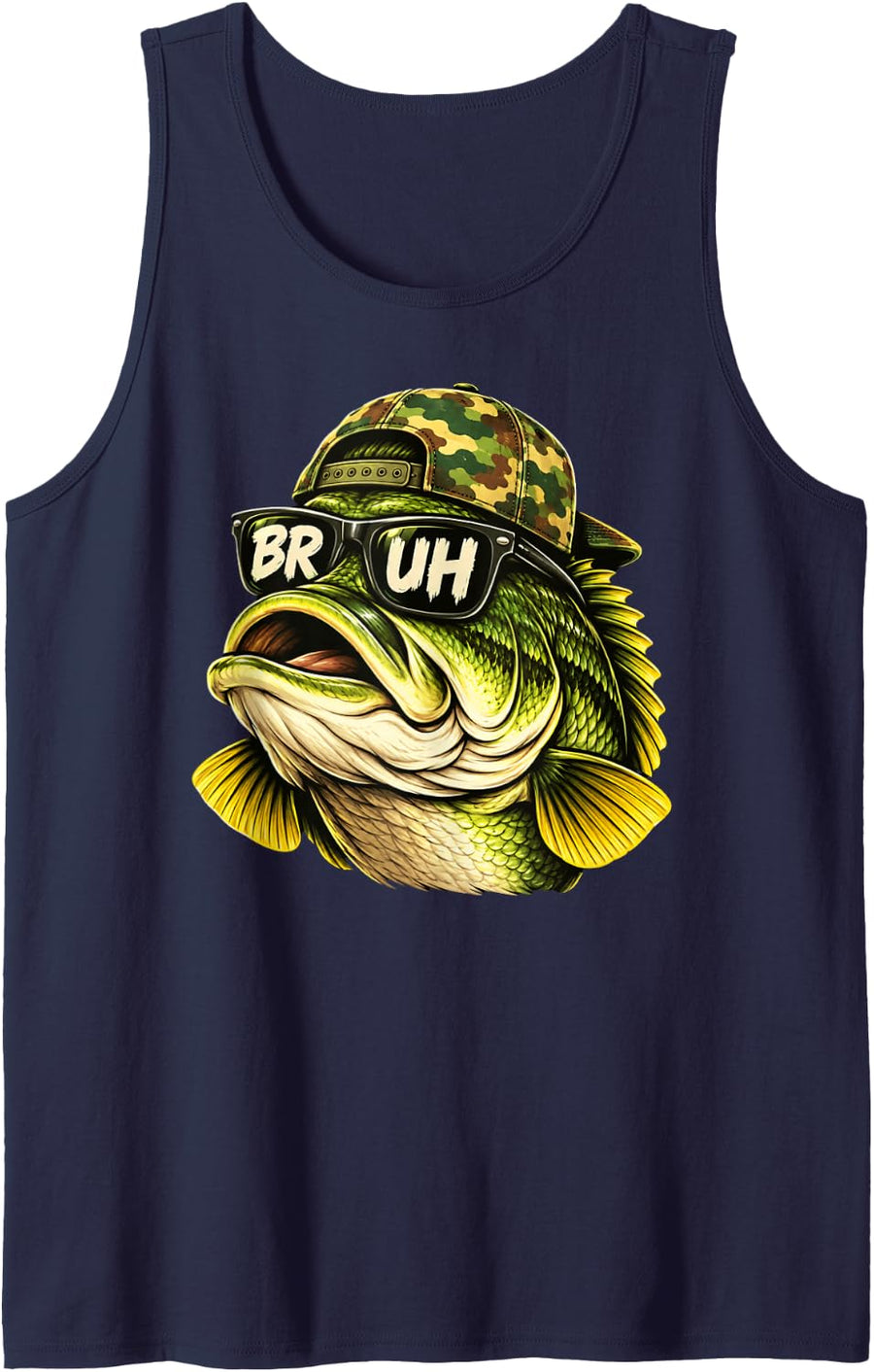 Bruh Fishing Camo Bass Fish Funny Boys Kids Men Camouflage Sleeveless Tank Top - Navy Blue