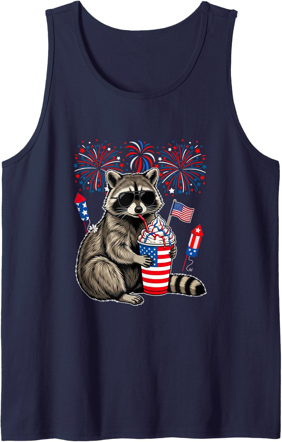 Raccoon Sunglasses Coffeee 4th of July US Flag Fireworks Tank Top - Navy Blue