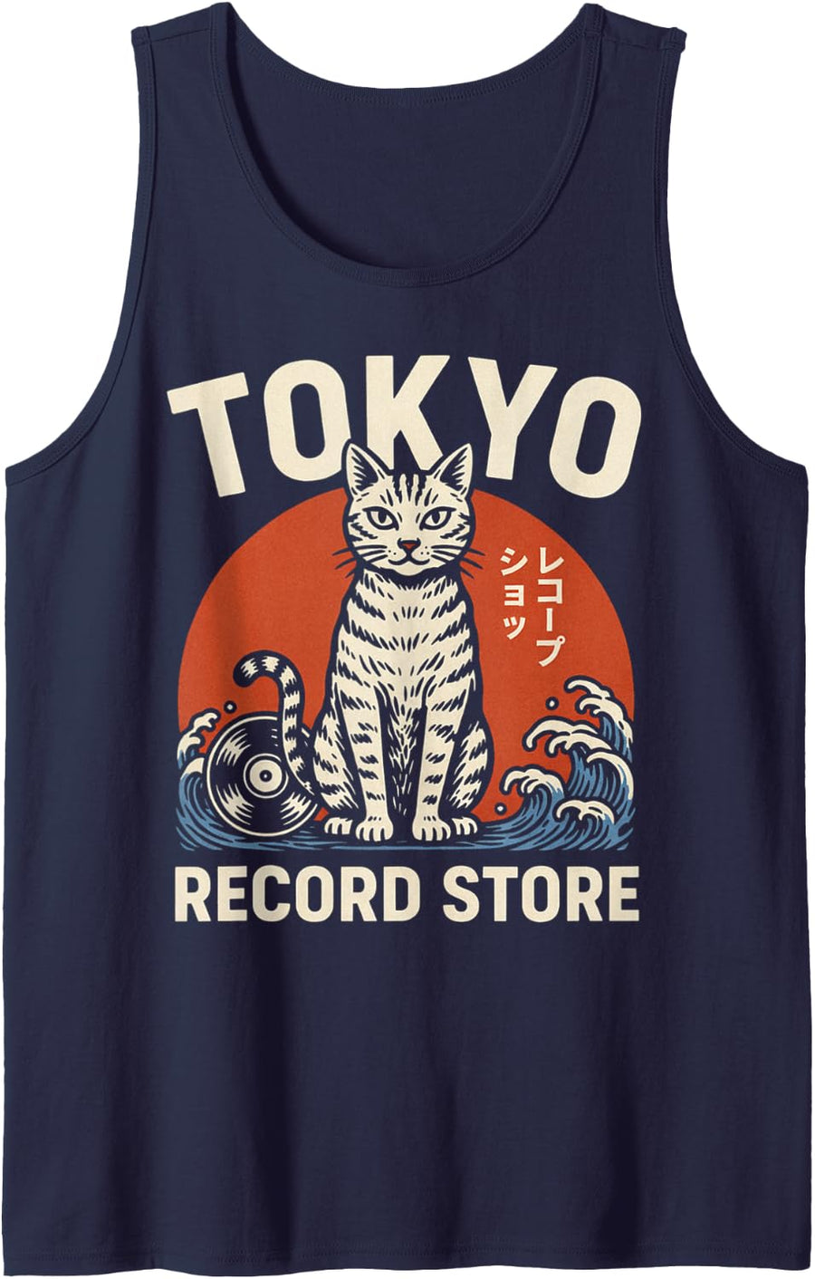 Tokyo Record Store Cat Vinyl Record Player Rock Japanese Art Sleeveless Tank Top - Navy Blue