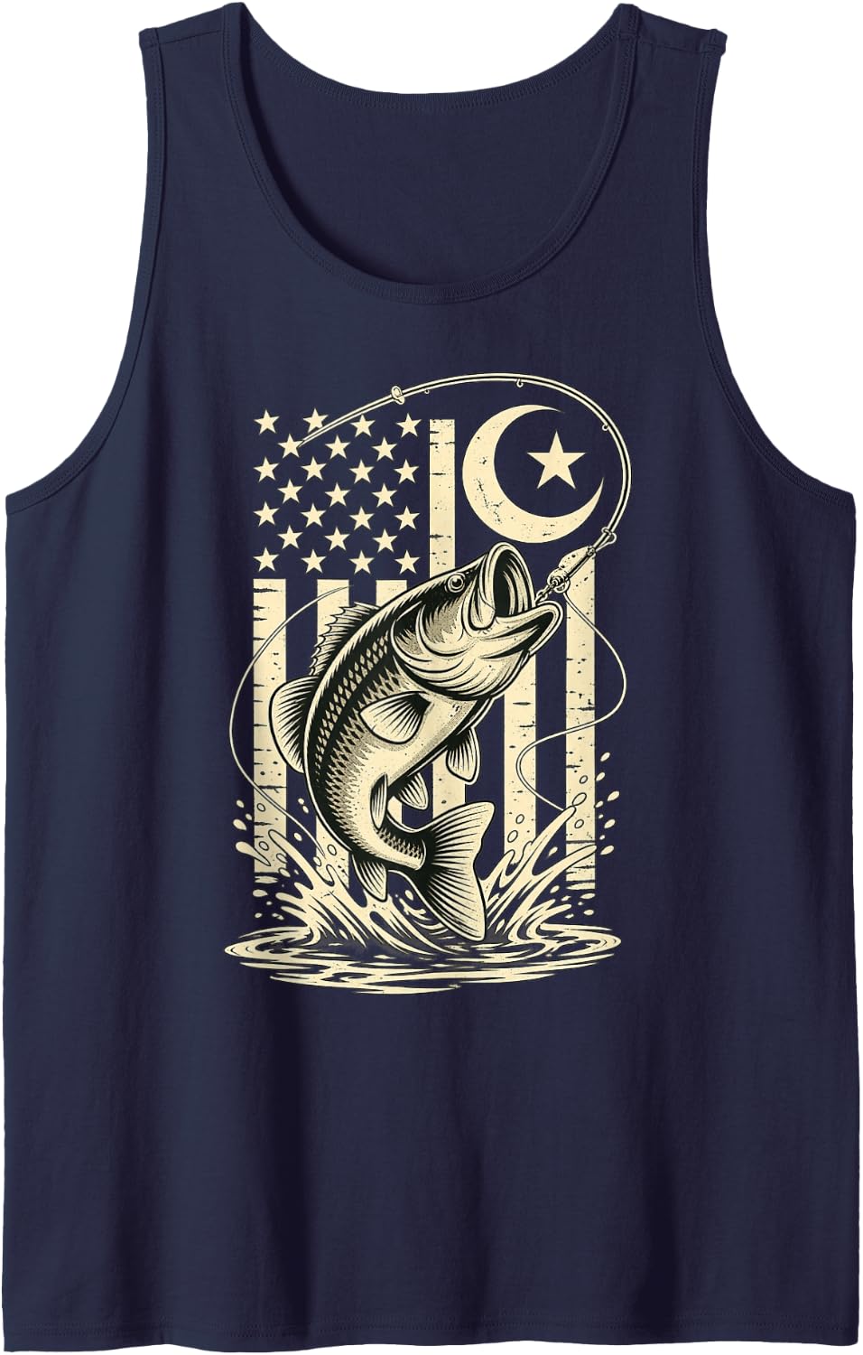 American Muslim Bass Fishing Crescent Star Angler Sleeveless Tank Top - Navy Blue