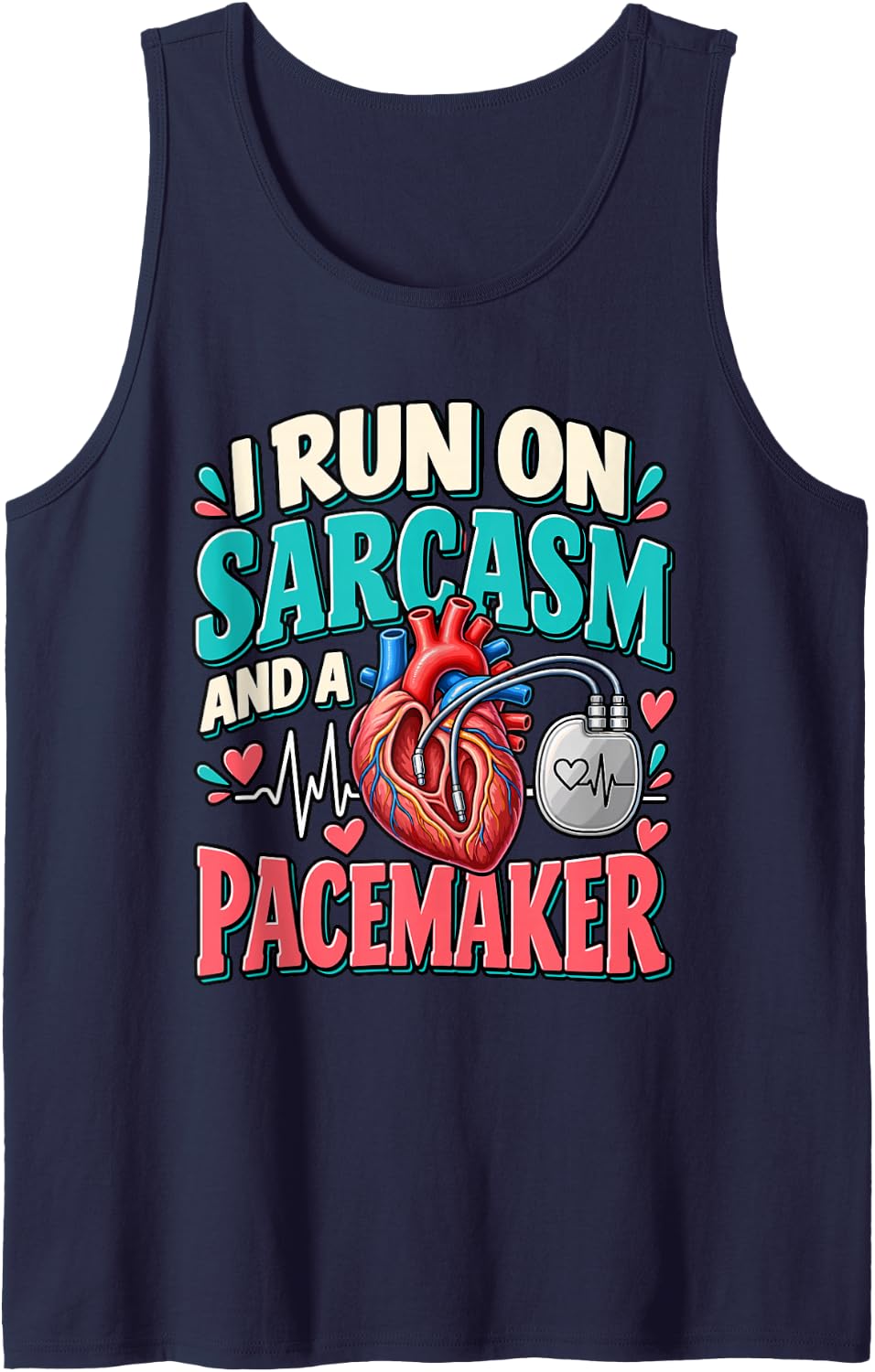 I Run On Sarcasm Icd Device Cardiology Cardiac Pacemaker Sleeveless Tank Top - Navy Blue