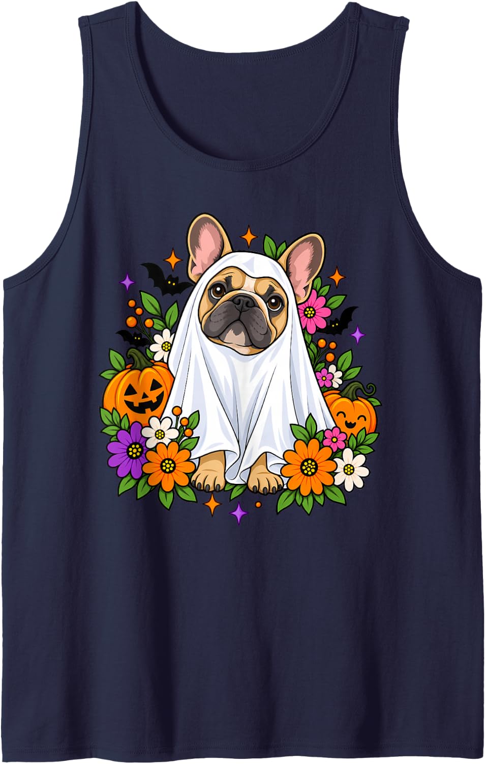 Floral French Bulldog Ghost Halloween Costume for Dog Lovers Sleeveless Tank Top - Navy Blue