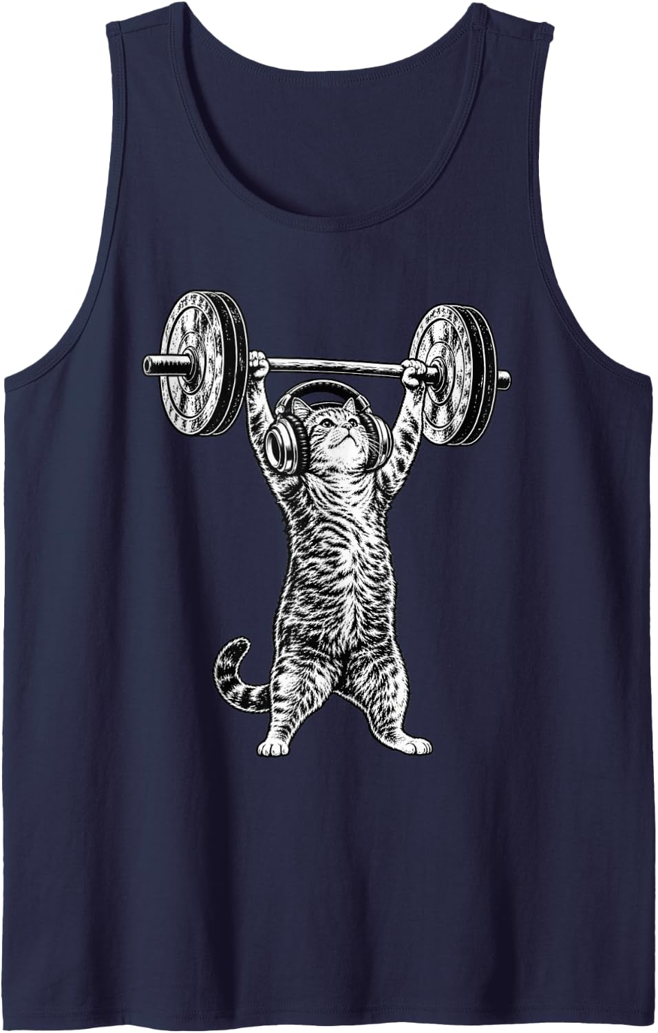 Vintage Weightlifting Cat with Headphones Gym Fitness Sleeveless Tank Top - Navy Blue