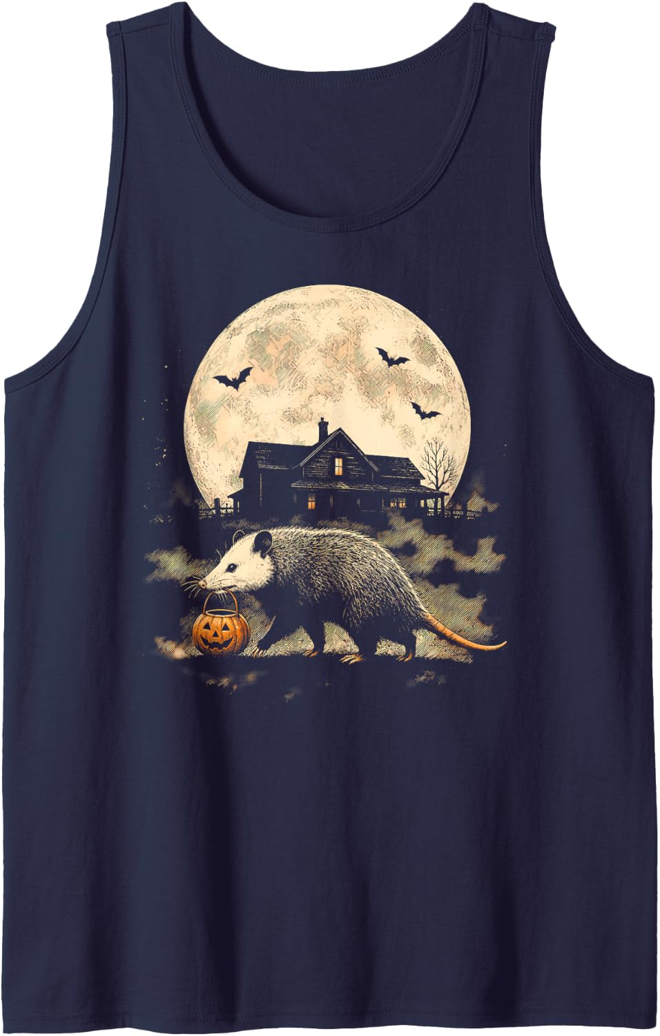 Halloween Opossum Under Full Moon Spooky Haunted House Sleeveless Tank Top - Navy Blue