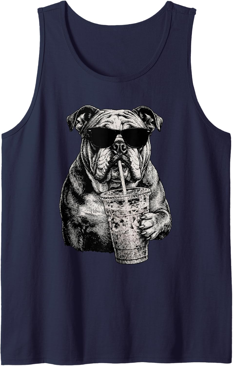 Funny English Bulldog Drinking Iced Coffee Humor Sleeveless Tank Top - Navy Blue